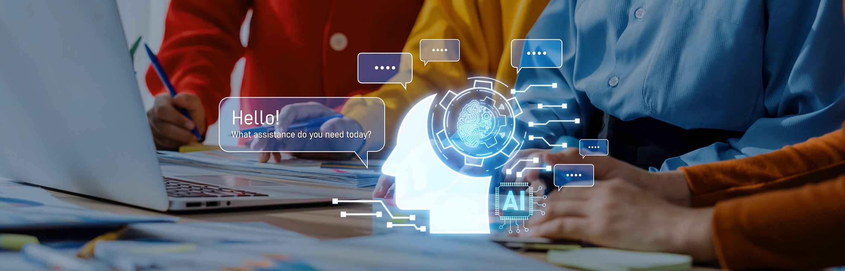Symbolische Darstellung der Verbindung zwischen Mensch und künstlicher Intelligenz mit digitalem Netzwerk