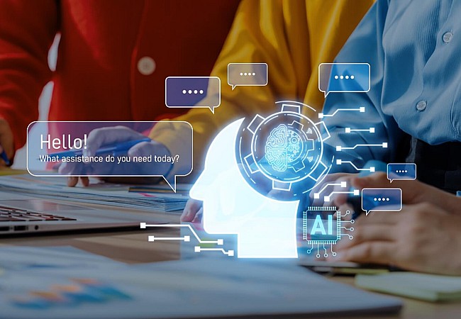 Symbolische Darstellung der Verbindung zwischen Mensch und künstlicher Intelligenz mit digitalem Netzwerk